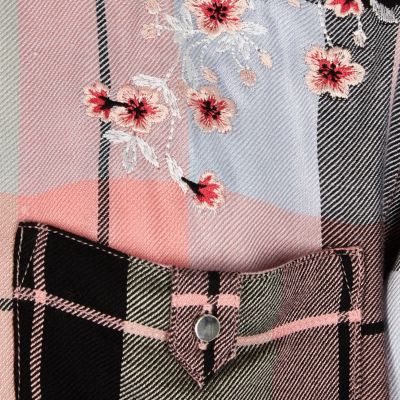 Girls pink check floral embroidered shirt